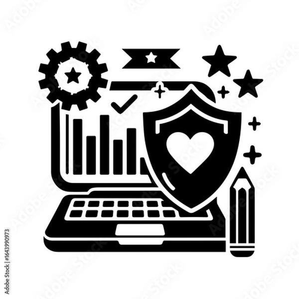 Fototapeta Laptop with data graph, shield and heart isolated on white background