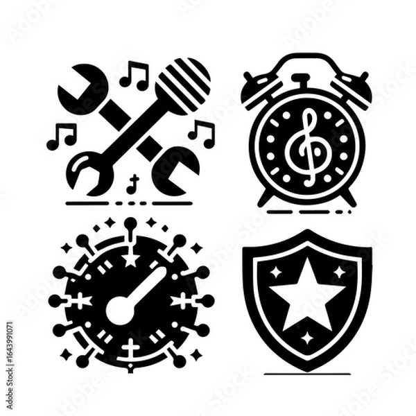 Fototapeta Set of icons representing tools, music, time, virus and protection isolated on white background