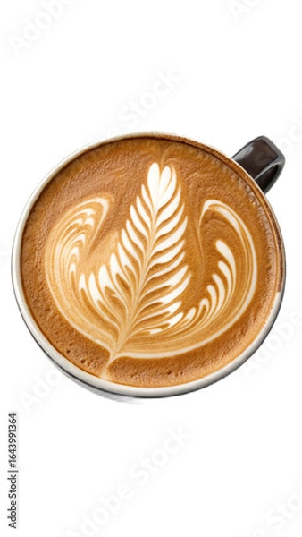 Obraz Studio shot of latte art:  Intricate leaf design in a dark-handled mug, warm inviting mood, high-resolution image.