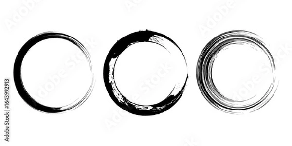 Obraz Set of rough paintbrush strokes. Circular label, logo, text frame, banner, emblem, badge. Grunge design element. Isolated. Distress texture. Ink brush strokes