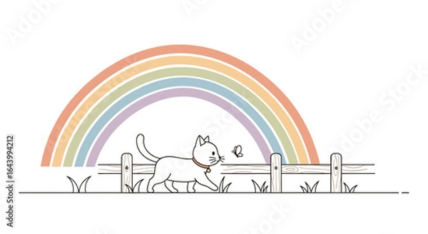 Fototapeta Adorable illustration of a cat walking near a fence under a vibrant rainbow backdrop