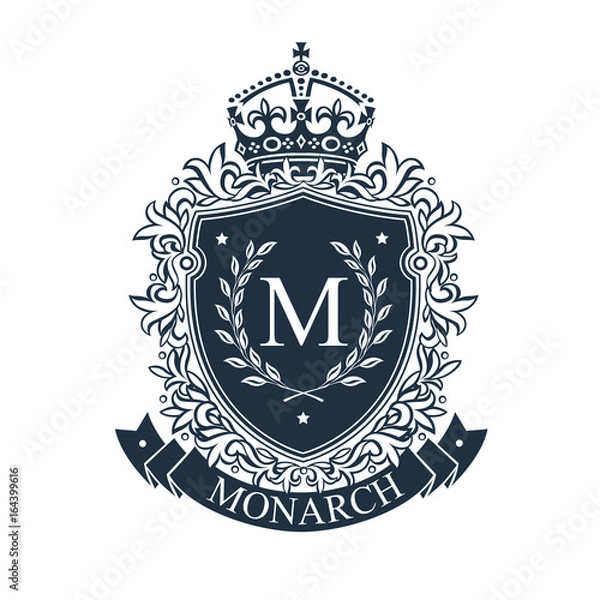 Fototapeta Coat of arms. Heraldic royal emblem shield with crown and laurel wreath. Heraldic vector template.