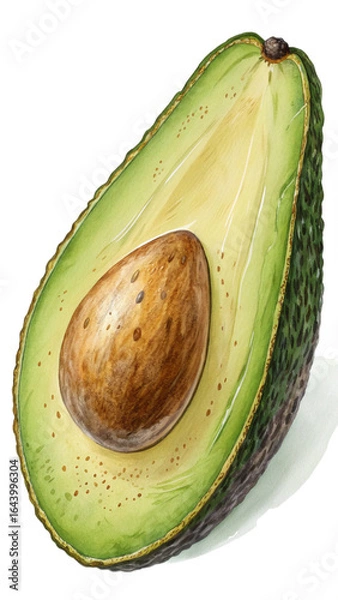 Obraz Watercolor illustration of a halved avocado, vibrant green, showing seed and texture; fresh, healthy, appetizing.