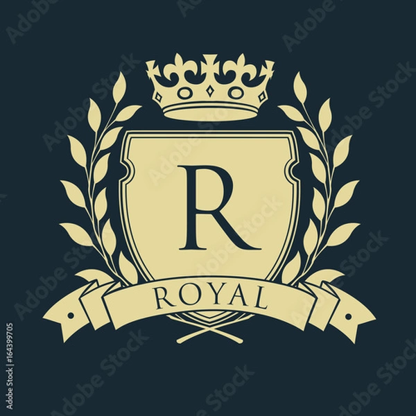 Fototapeta Royal coat of arms. Heraldic royal emblem shield with crown and laurel wreath. Vector illustration