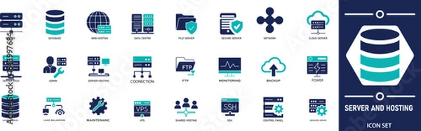 Obraz Solid vector icons collection featuring cloud computing, server, domain, firewall, internet, FTP, database, SSL, and more web hosting elements. Perfect for tech, IT, and online service designs