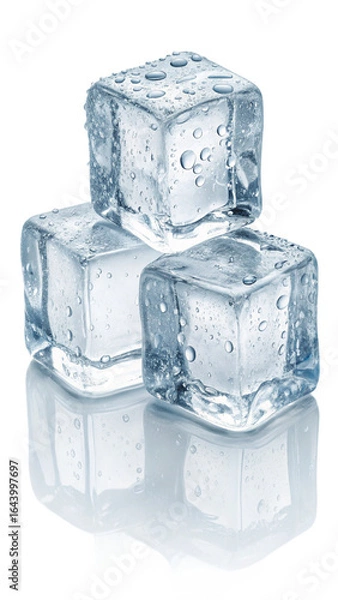 Obraz Three Wet Ice Cubes on Reflective Surface; Cool, Refreshing, Clean Stock Photo