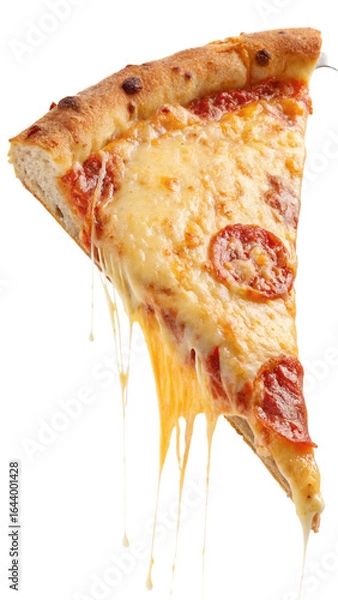 Obraz Delicious Melted Cheese Pepperoni Pizza Slice, Isolated on Black Background, Appetizing Food Photography