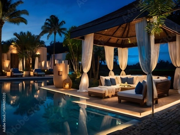 Fototapeta Luxury Poolside Cabana at Night with Ambient Lighting