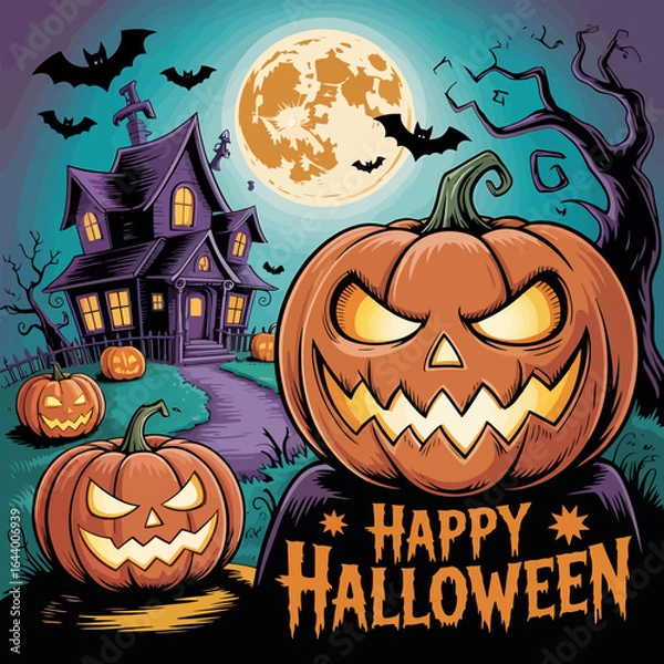 Fototapeta Spooky halloween scene with jack o lanterns and haunted house