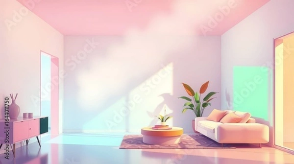 Fototapeta Elegant Modern Interior: A sun-drenched, minimalist living space featuring a stylish sofa, lush plants, and a modern coffee table, creating a sense of calm and sophisticated living. 