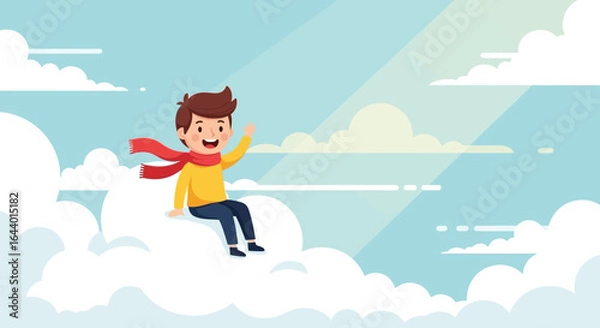 Obraz Cartoon boy sitting on a cloud waving his hand in a dreamy sky background cartoon illustration dreamy scene, perfect for kid