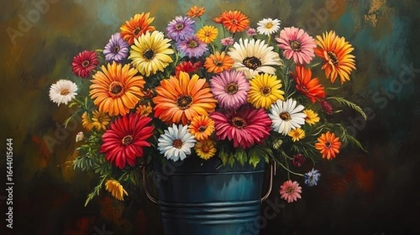 Fototapeta Vibrant Gerbera Daisies in a Rustic Bucket: A Colorful Floral Still Life Painting