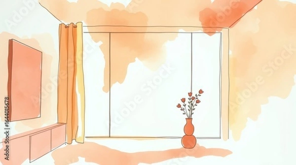 Fototapeta Warm Living Room Interior: A minimalist interior design with large windows, letting in the light and warmth, creating a welcoming atmosphere.