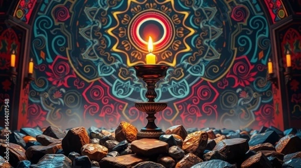Fototapeta Sacred Space Meditation: A richly detailed mandala painting forms the backdrop for a solitary lit candle, evoking a sense of peaceful contemplation, harmony, and inner peace in a serene.