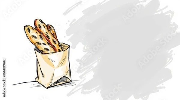 Fototapeta Artisanal Loaves in Paper Bag: Delightful drawing of fresh, crusty baguettes nestled in a simple paper bag, perfect for culinary projects and gourmet imagery.