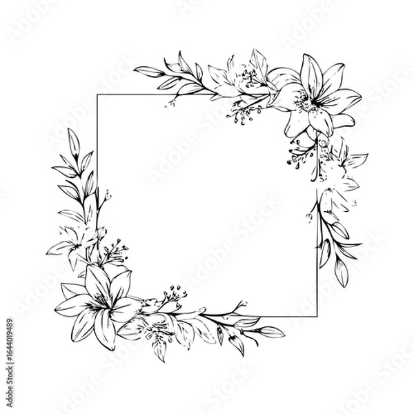 Fototapeta Elegant Lily Floral Square Frame Wreath A Delicate Black and White Vector Design for Invitations and Cards