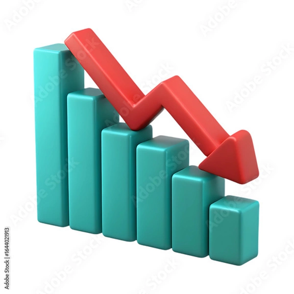 Fototapeta 3D Render of a Decreasing Bar Graph with a Red Downward Arrow.