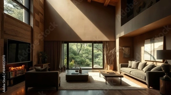 Fototapeta Serene Interior Sanctuary: A sun-drenched living room, an oasis of comfort and style. Natural light streams in, illuminating the elegant space, cozy and inviting.
