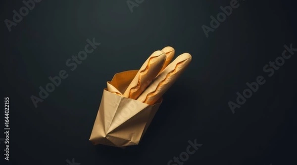 Fototapeta Freshly Baked Baguettes in Paper Bag: A close-up shot showcases golden baguettes, artfully arranged within a rustic paper bag, inviting viewers to savor the simple pleasure of artisanal bread.