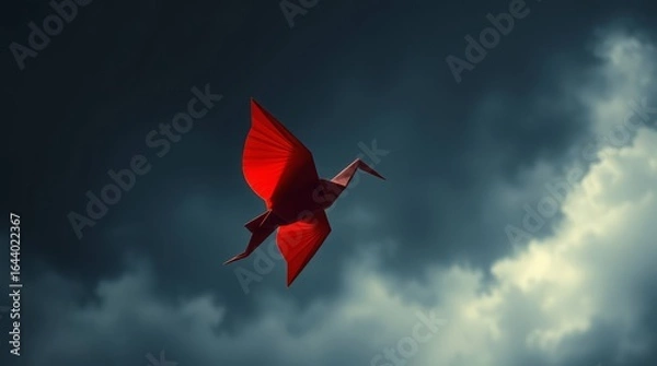 Fototapeta Origami Bird in Flight: A striking red origami bird takes flight against a dramatic, cloudy sky, symbolizing freedom and imagination.