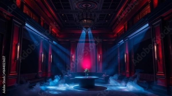 Fototapeta Elegance in Illuminated Chamber: The image presents a captivating interior view, bathed in dramatic lighting, with a flower arrangement on a table.
