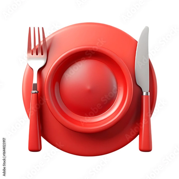 Fototapeta Red dinner plate with a matching fork and knife place setting.