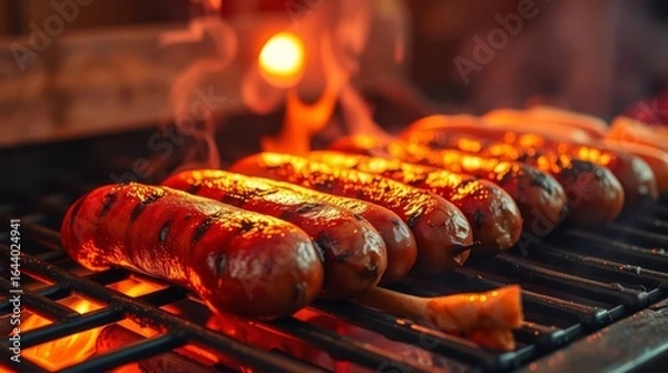 Fototapeta Sizzling Sausage Barbecue :A tantalizing image capturing a close-up view of sausages grilling on a hot barbecue, perfect for culinary delights and summer fun!