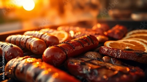 Fototapeta Sizzling Summer BBQ Feast: An enticing close-up of various grilled meats and citrus slices cooking on a barbecue grill, bathed in warm, inviting light.