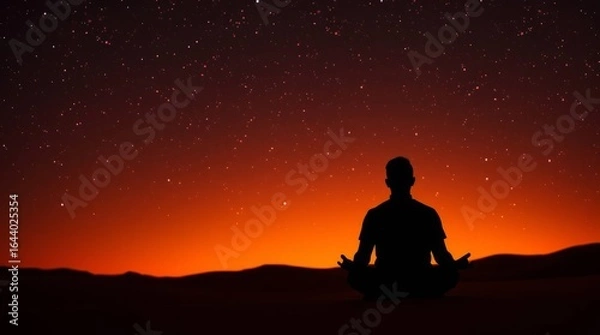 Fototapeta Zen Under Starlight: A tranquil figure sits in silent meditation under a canvas of a night sky. The image captures a moment of peace, introspection.