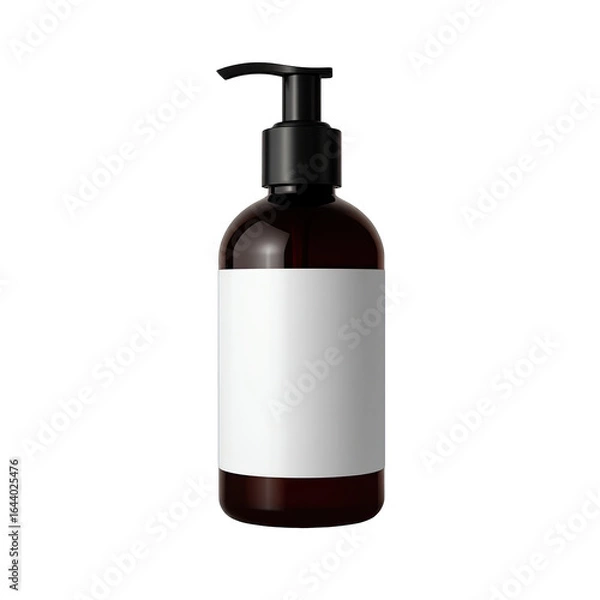 Fototapeta Dark brown bottle with white label and pump dispenser.