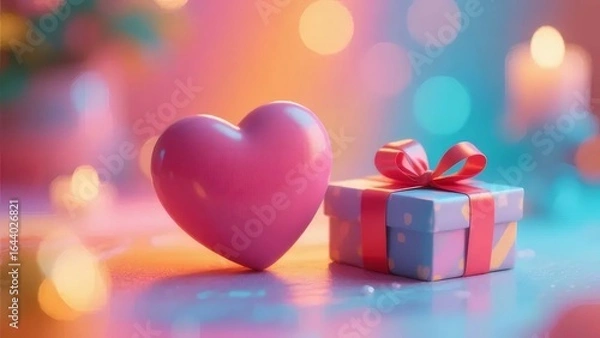 Fototapeta ピンクのハートとリボン付きギフトボックス キラキラした背景にキャンドルの光が輝くお祝いの静物
