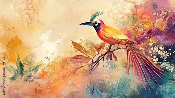 Fototapeta Vibrant Paradise: A Watercolor Bird in Bloom