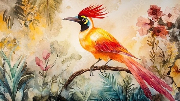 Fototapeta Vibrant Watercolor Painting of an Exotic Bird in a Lush Tropical Garden