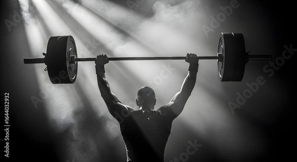 Obraz Weightlifter lifting barbell overhead in gym with dramatic lighting effect