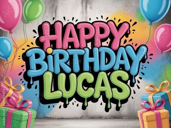 Fototapeta Colorful Happy Birthday Lucas poster with balloons and gifts. Festive party decoration background