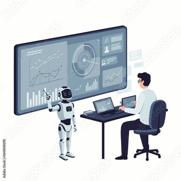 Obraz A futuristic AI robot assists a human professional in analyzing complex data on a large interactive screen, illustrating technological collaboration.