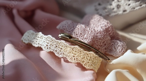 Fototapeta Delicate lace accessories on soft fabric showcase elegance and craftsmanship