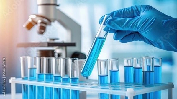 Fototapeta Analyzing life s mysteries a gloved hand holds a vibrant blue test tube in a sterile lab setting