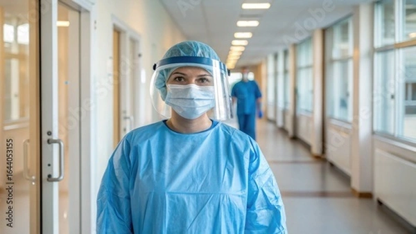 Fototapeta Healthcare hero in full PPE stands resilient in the hospital hallway embodying hope soft light