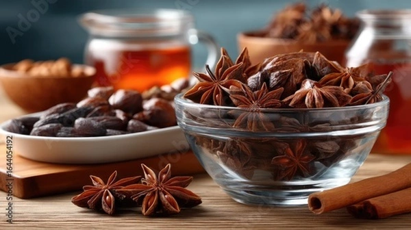 Obraz Different varieties of spices presented in bowls on a wooden surface, showcasing their distinct textures and colors in a cozy culinary setting