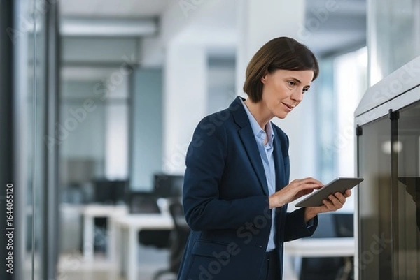 Fototapeta Professional Businesswoman Using Tablet in Modern Office Environment with Focused Expression.