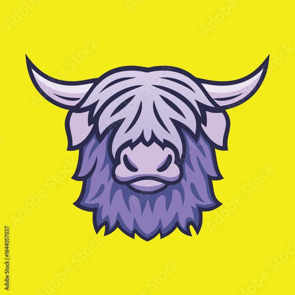 Fototapeta Highland Cow Mascot Logo Cartoon Yak Head with Shaggy Hair on Yellow Background