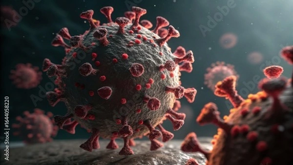Fototapeta A menacing coronavirus cell rendered in high detail showcasing its spikes and granular surface in