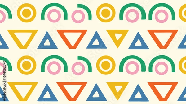 Fototapeta Colorful Geometric Pattern with Circles, Triangles, and Arches in Modern Abstract Design, Seamless Background for Retro, Minimal, and Creative Art Projects