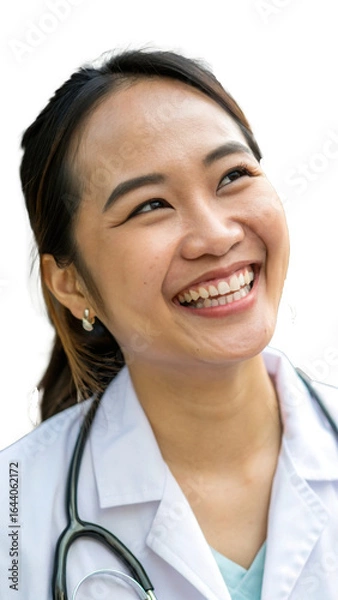 Fototapeta A radiant young doctor with a hopeful smile looks up towards a bright future with a stethoscope soft