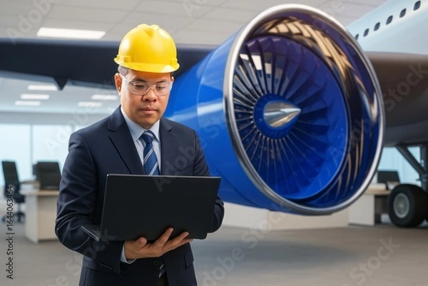 Fototapeta Airplane Maintenance Engineer Inspecting Jet Engine With Laptop In Hangar For Safety.