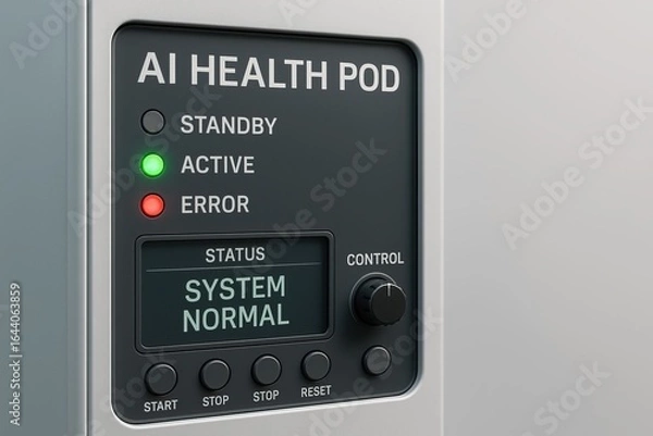 Fototapeta AI space medical assistant. A sleek AI health pod with status indicators, green for active, red for error, and a control panel