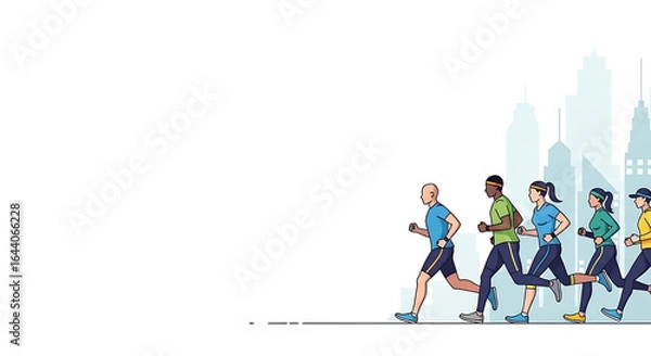Fototapeta Diverse group of runners participating in an urban marathon against a backdrop of modern skyscrapers showcasing fitness, community, and endurance challenge in a metropolis