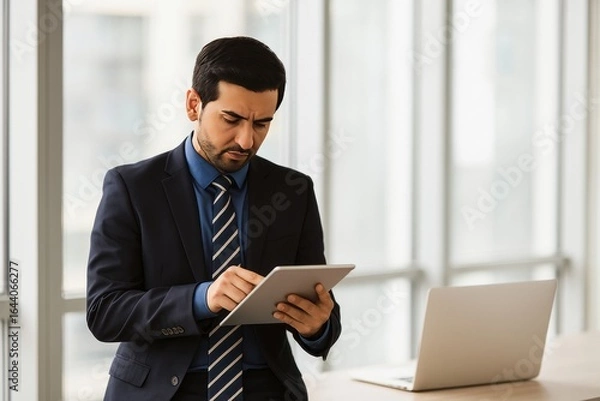 Fototapeta Focused Businessman with Digital Tablet and Laptop in Bright Office Setting, Contemplating Strategy