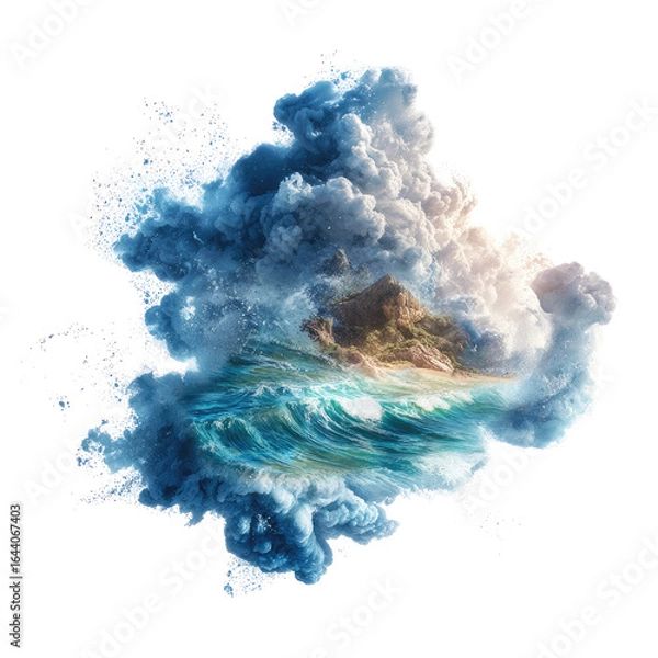 Fototapeta Serene island scene nestled within a dramatic, swirling cloud formation, ocean waves lapping at the shore